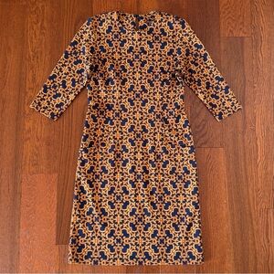 J McLaughlin Catalyst Sheath Dress Baroque Print 3/4 Sleeve Pockets Gold Navy